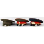 (lot of 3) Soviet Era style military service caps, executed in hunter green and navy, (2) with red