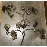 Patinated metal wall relief sculpture, depicting a tree branch with fall foliage, overall 42"h x