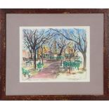 "Plaza, Santa Fe, New Mexico," color lithograph, signed "Karen Leng'oo" lower right, edition 4/