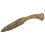 Northwest Coast Inuit knife, having a stone chip carved blade with antler handle, 13.5"l