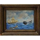 (lot of 2) Whaling Scene & Ship Battle Scene, oils on copper, each signed "A. Forge", 20th