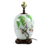 Chinese enameled porcelain jar, mounted as a lamp, the ovoid body decorated with two songbirds