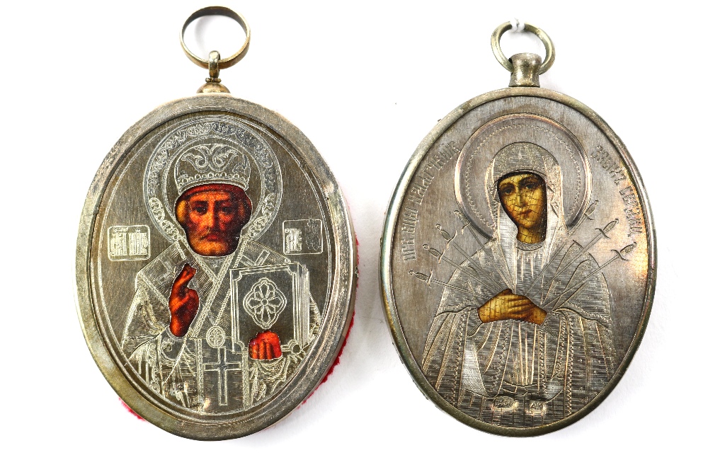 (lot of 2) Russian travelling icons, each oklad marked 84, one depicting St. Nicholas, one depicting