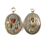(lot of 2) Russian travelling icons, each oklad marked 84, one depicting St. Nicholas, one depicting