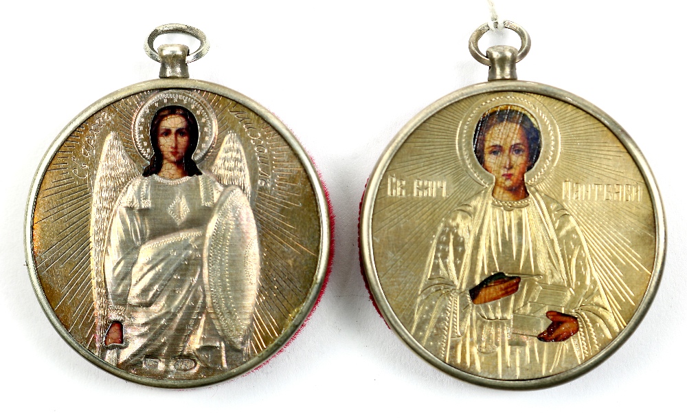 (lot of 2) Russian travelling icons, each oklad marked 84, one depicting Michael, and one of a