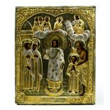 Russian brass oklad icon on wood panel, depicting various polychrome hand painted figures framing