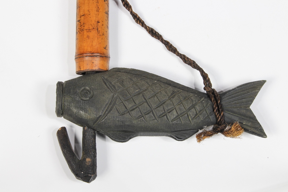 Japanese jizai-kagi (hearth pot hook), on bamboo pole, with rope and wooden koi carp, overall: 51. - Image 3 of 7