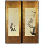 (lot of 2) Japanese pair of ink and color on paper, depicting a monkey and a bee, the other