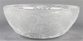 Lalique France crystal bowl, in the "Pinsions" pattern, clear crystal in frosted and polished finish