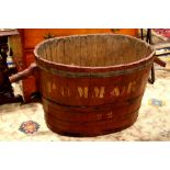 Antique harvest barrel circa 1900, 18"h x 27"w x 17"d; Provenance: Cafe Society, SF & Napa