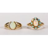 (Lot 2) Opal, diamond and yellow gold rings Including 1) opal, diamond and 14k yellow gold ring,