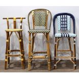(lot of 3) French bistro rattan bar stools, one executed in blue, the other in brown and yellow, and