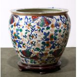 Chinese large porcelain fish bowl, the exterior with flowering branches, in contrast with the