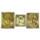 (lot of 3) Russian icon group, each having a brass oklad, consisting of two depicting the Mother