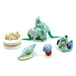 (lot of 5) Herend hand painted porcelain figurines, consisting of a kangaroo in green, an elephant
