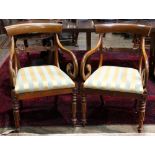 Pair of Regency style armchairs, each with a flat concave crestrail and exaggerated returns,