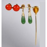 (Lot of 3) Multi-stone, 14k yellow gold and metal jewelry Including 1) pair of nephrite drop and 14k