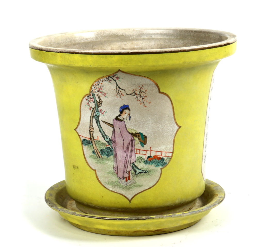 Chinese porcelain yellow ground planter, featuring two reserves with a beauty holding a qin, - Image 3 of 4