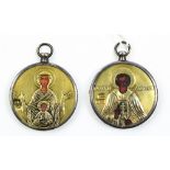 (lot of 2) Russian travelling icons, both gilt oklads marked 84, one depicting the Mother and Child,