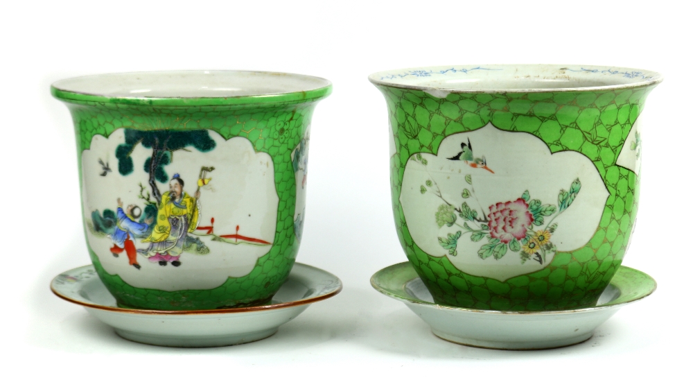 (lot of 2) Chinese porcelain planters, each with lime colored ground, one with bird-and-flower - Image 2 of 3