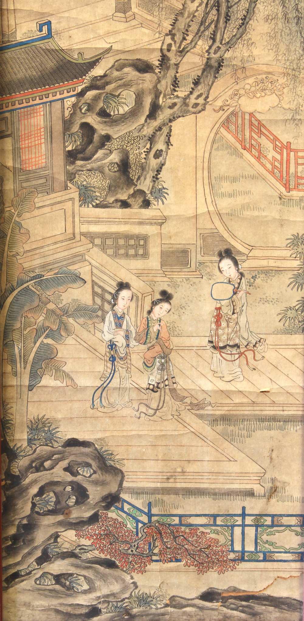 Framed Chinese painting, Beauties in a Pavilion, ink and color on paer, featuring a scene with a - Image 3 of 3