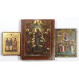 (lot of 3) Russian style icon group, each on wooden panel, one with two inserted splints to the