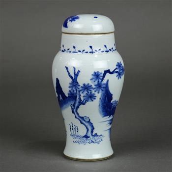 Chinese underglazed blue porcelain lidded jar, with a wide short neck above high shoulders and - Image 3 of 7