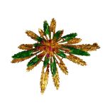 Uno A Erre ruby, green enamel and 18k yellow gold flower brooch Designed as a flower, featuring (
