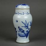 Chinese underglazed blue porcelain lidded jar, with a wide short neck above high shoulders and