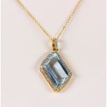 Aquamarine, diamond and 18k yellow gold pendant Centering (1) fancy-cut aquamarine, weighing