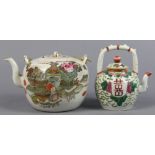 (lot of 2) Chinese porcelain teapots, one of shuangxi emblem amid tendrils; the other featuring pots