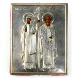 Russian .84 silver oklad icon Moscow 1881, depicting two Saints or Apostles, one to the proper