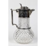 Continental silver and etched glass commemorative ewer, 19th Century, the hinged lid with chased