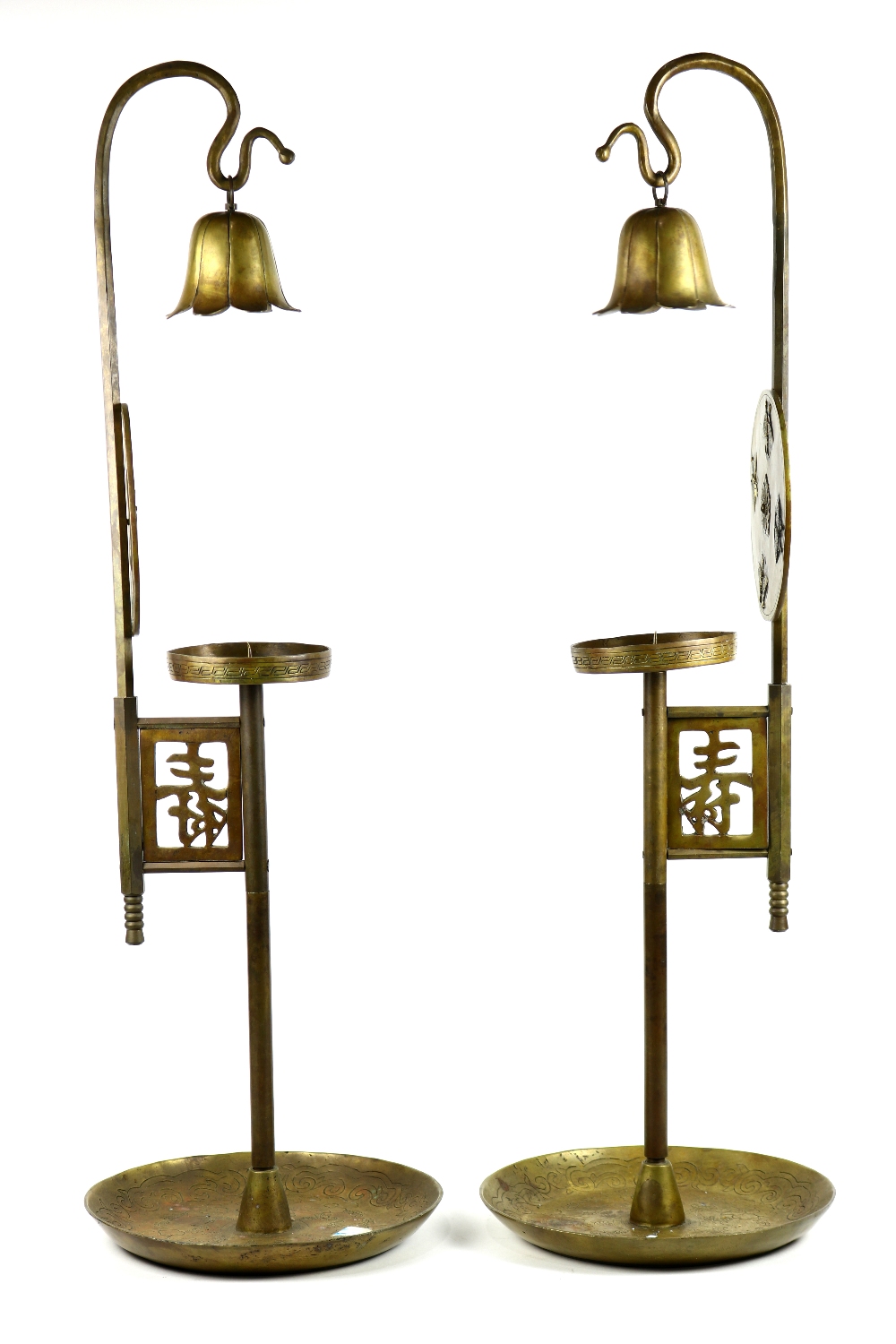 (lot of 2) Japanese/Korean pair of brass candle stands, with blossom shaped candle snuffer, circular - Image 2 of 2