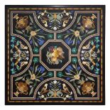 Italian pietra dura table top, having a square form decorated with birds and floral bouquets in
