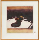 "Red Bowl with Two Peaches," monotype, pencil signed "Klausenstock" lower right, titled lower