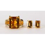 Citrine and 14k yellow gold jewelry suite Including 1) ring, featuring (1) emerald-cut citrine,