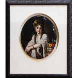 German hand painted porcelain scenic plaque, depicting a beauty gazing outward with a bouquet of