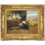 American School (20th century), Woman by a Hay Wagon, oil on panel, initialed “A. D.” lower right,