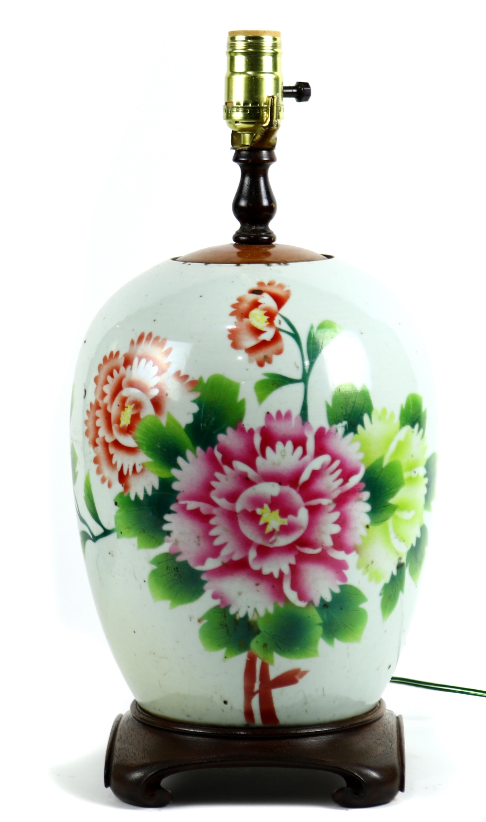 Chinese enameled porcelain jar, mounted as a lamp, featuring large pink and blush colored peonies on