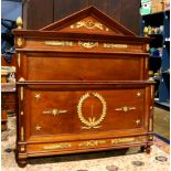 Empire style mahogany headboard and footboard, having decorative gilt brass mounts depicting angels,