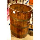 Chinese pine and coopered brass rice barrel, retains an early patina, 28"h x 20"w x 16"d