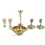 (lot of 6) Assembled silver table items, comprising an American sterling silver weighted vase,