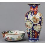 (lot of 2) Japanese Imari ware, late 19th century: a vase with flared neck above ovoid body,