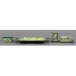 (lot of 4) Chinese enameled metal desk set: consisting of a hinged rectangular box; match box; ash