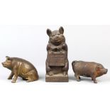 (lot of 3) Cast iron pig penny/still bank group, comprising "Thrifty, The Wise Pig" cast iron