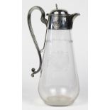 English Sheffield sterling silver and etched glass commemorative ewer, 1884, the hinged lid with