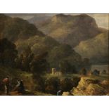 Italian School (18th century), Mountain Landscape with Figures, oil on paper (laid down on card