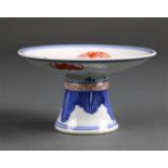 Chinese porcelain footed dish, with four dragon roundels in red encircling a jewel at the center,