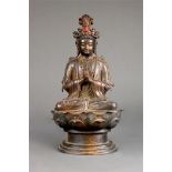 Chinese gilt lacquered bronze Buddhist sculpture, the bodhisattva dressed in princely raiments,